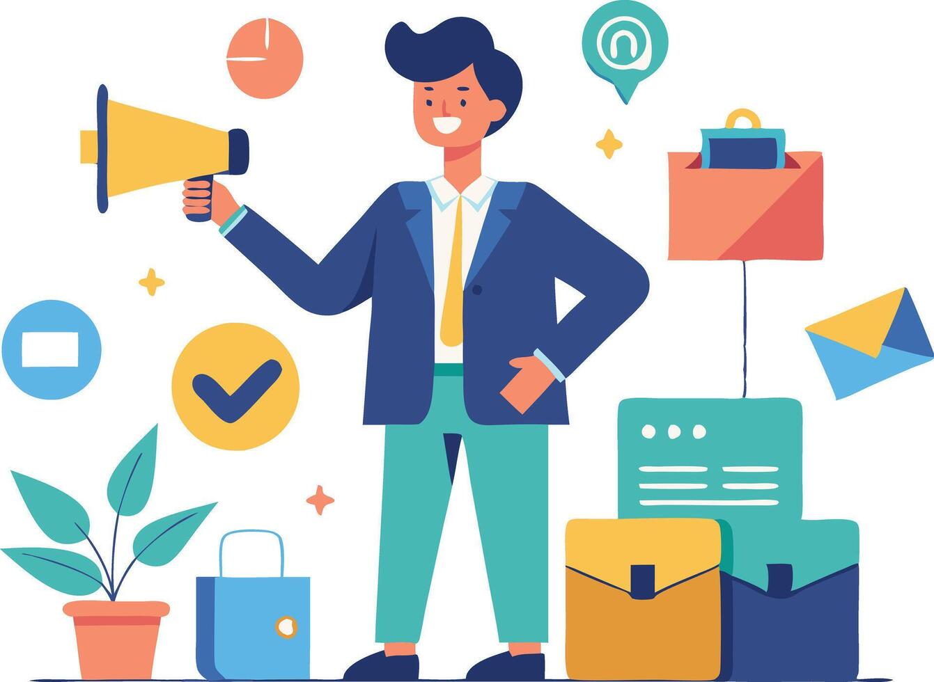 A business professional announces updates with a megaphone surrounded by office supplies and symbols of communication vector