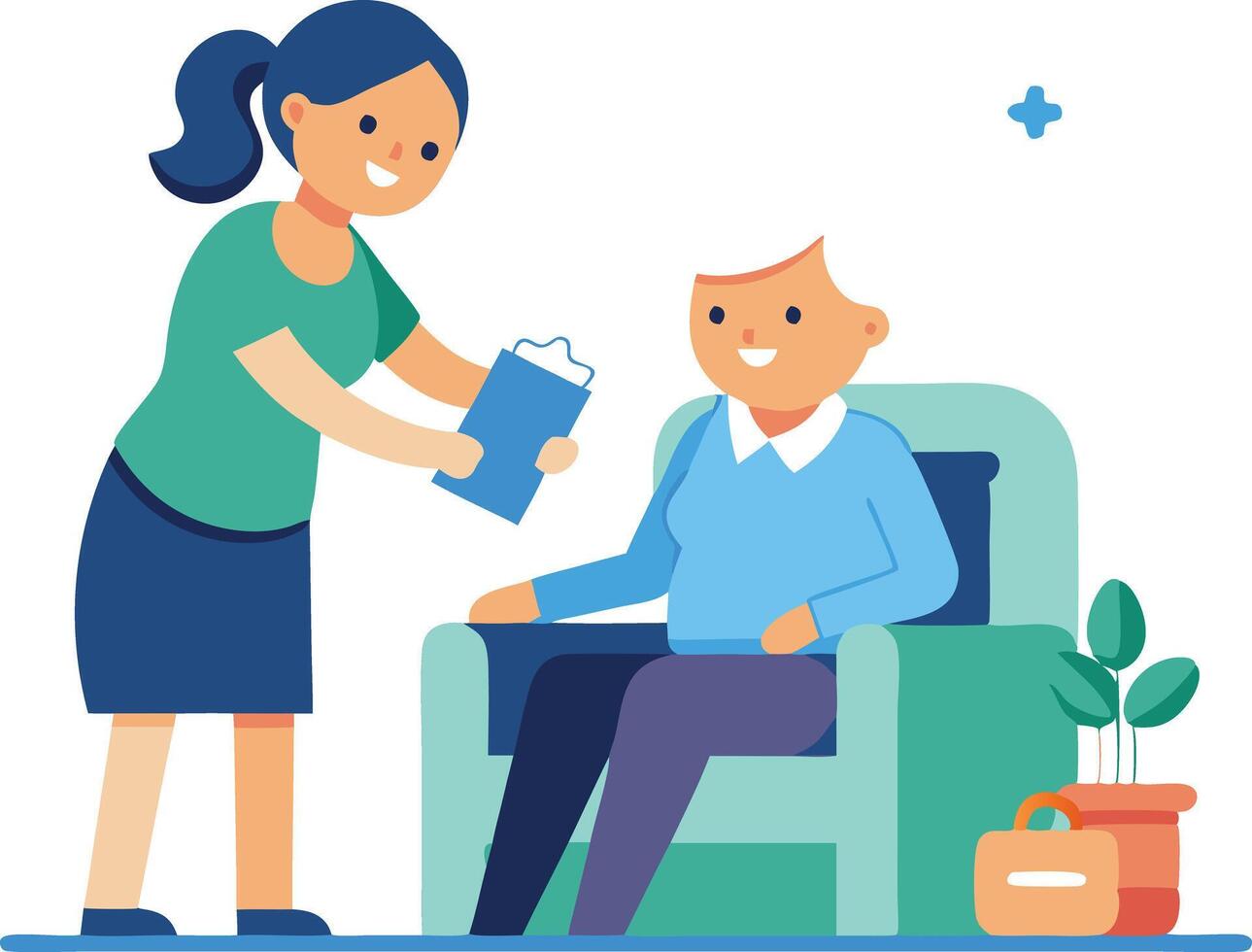 A young woman is handing a blue folder to an older woman sitting in a chair vector