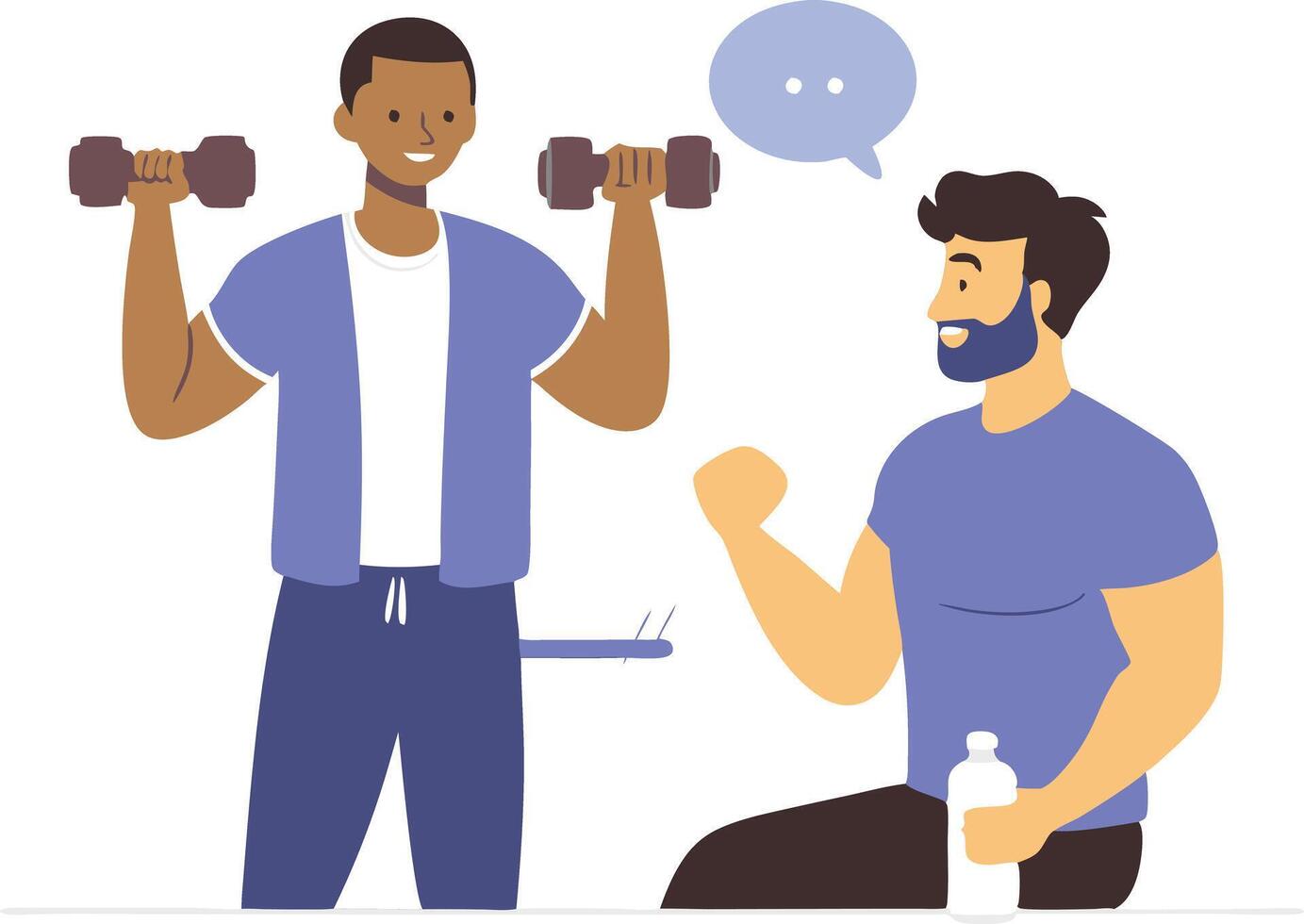 Two men engaging in a fitness discussion, one lifting weights while the other sits and motivates vector