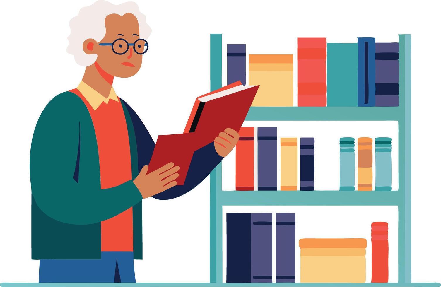 An older person with white hair is standing in front of a bookshelf, reading a red book vector