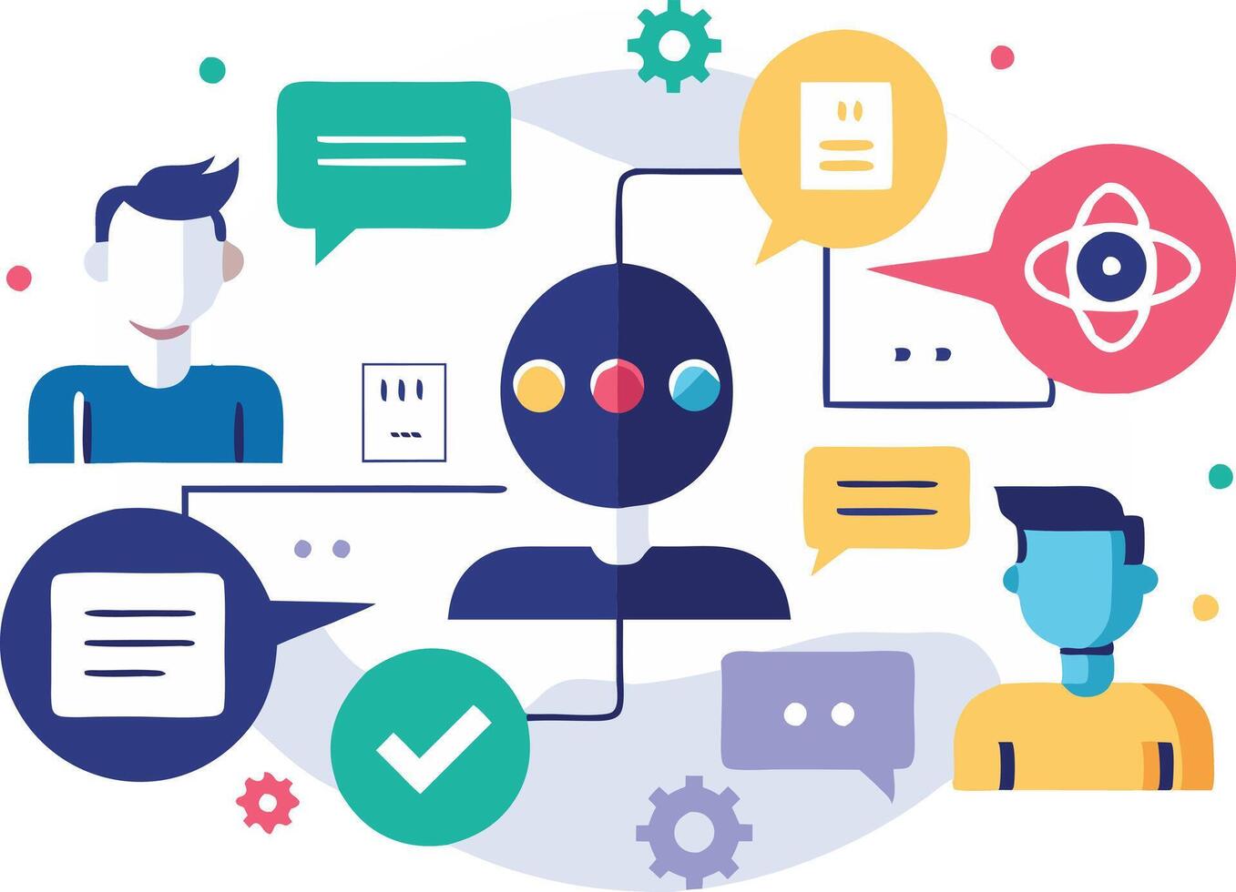 illustration of conversation with a chatbot surrounded by user avatars and chat bubbles vector