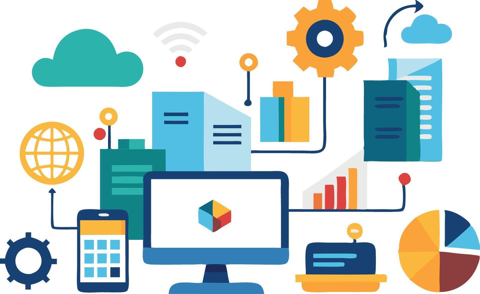 illustration of a modern workspace featuring data visualization, technology tools, and cloud computing elements vector