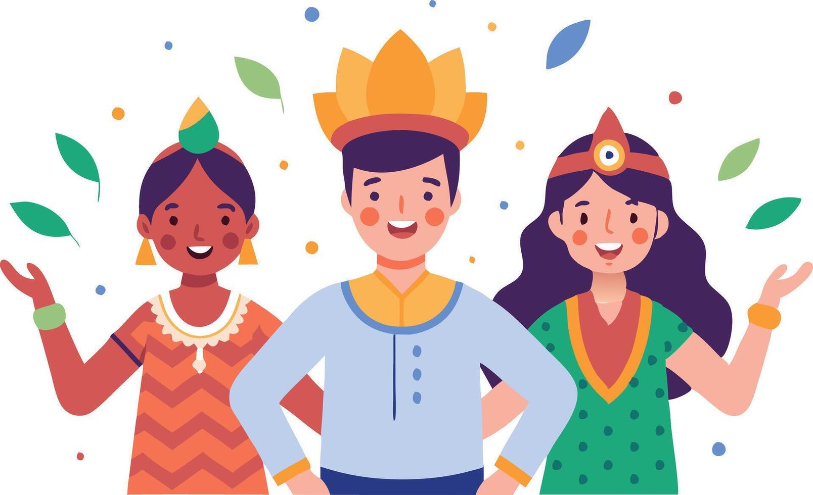 illustration of three diverse individuals dressed in traditional attire, celebrating a cultural festival with joyful expressions vector