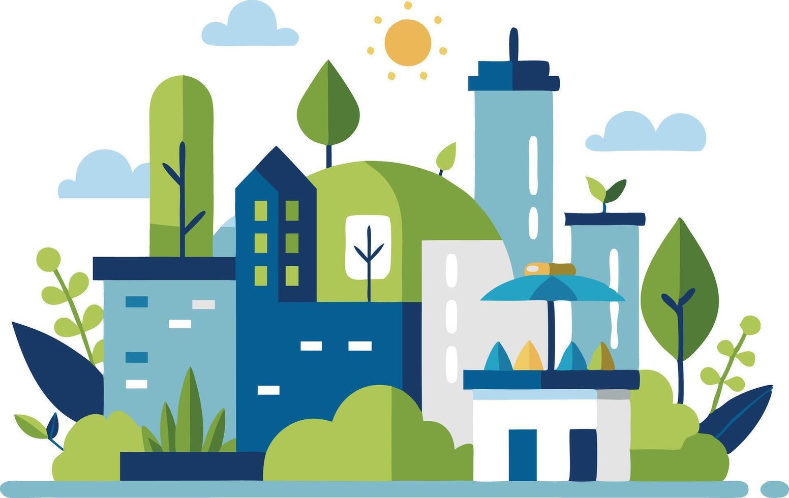 illustration of a vibrant urban landscape with greenery, modern buildings, and sunlit elements vector