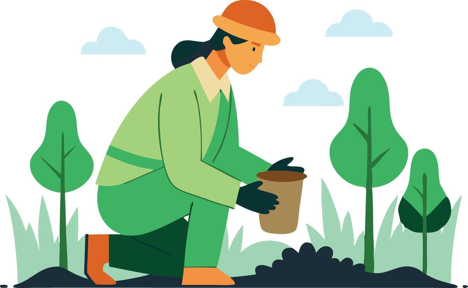 A person who plants trees in the garden and carries out environmental protection activities vector