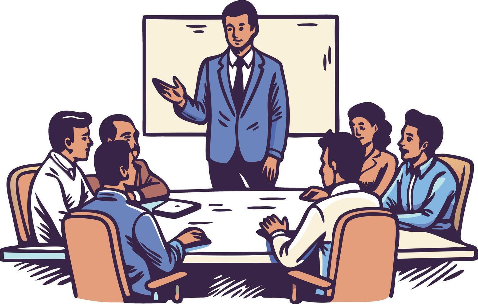 A business meeting with a speaker presenting to a group around a conference table vector