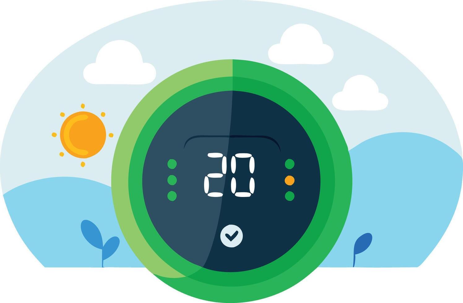 illustration of a smart thermostat displaying 20 degrees Celsius against a sunny landscape with clouds and greenery vector