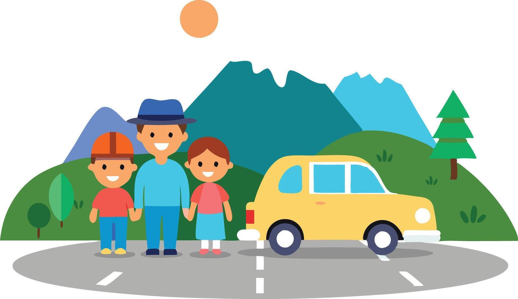 Family vacation in the mountains with children by a parked yellow car vector