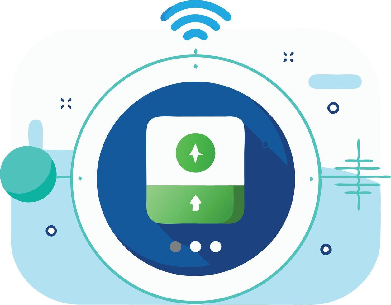 illustration of an upload button surrounded by wireless signals and abstract shapes, representing digital connectivity vector