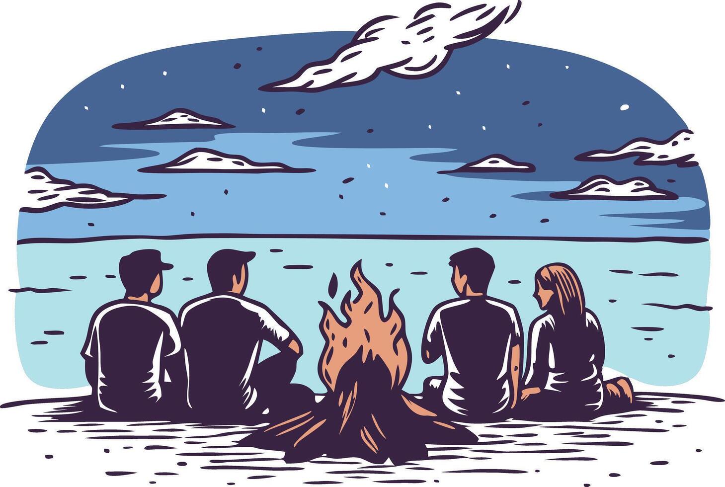 Four friends enjoy a beach campfire under a starry sky, surrounded by ocean waves vector