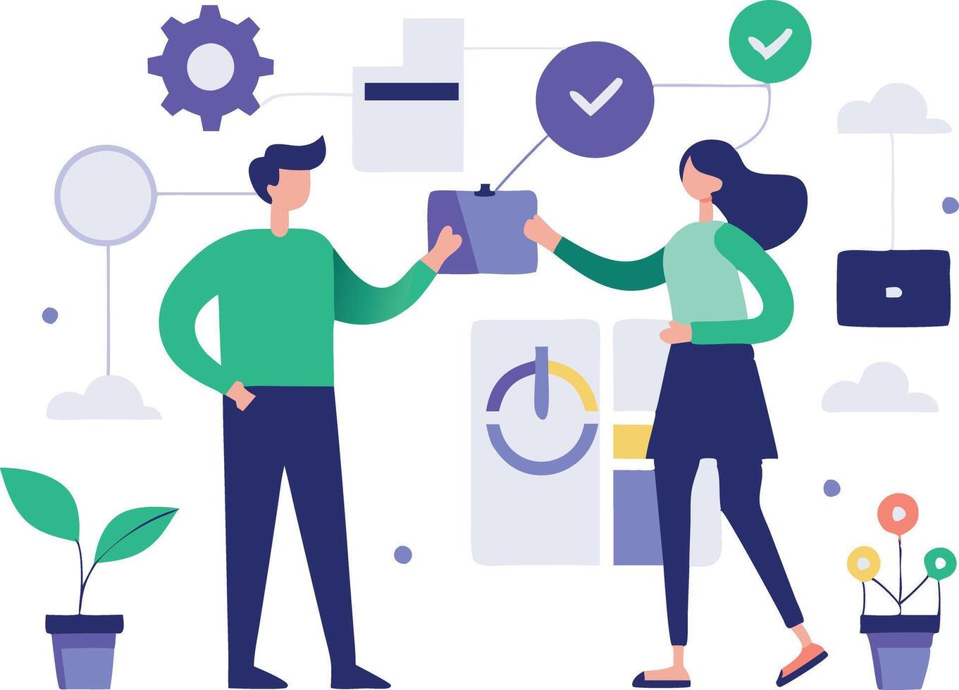 illustration of a man and woman discussing project progress vector