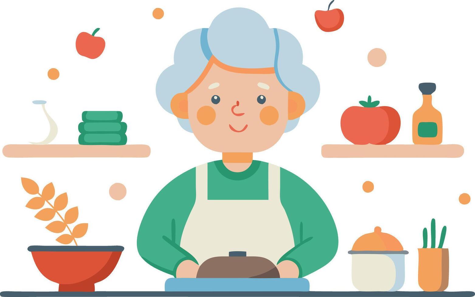 An elderly woman prepares a hearty meal in a cozy kitchen, surrounded by fresh ingredients and kitchenware vector