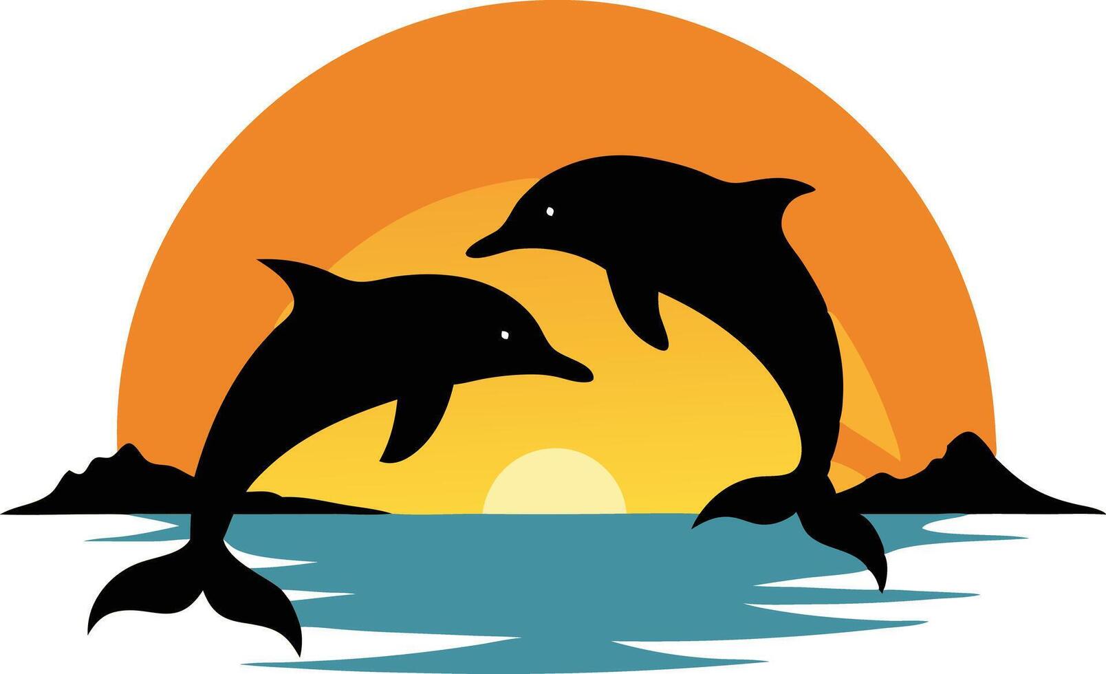 Two dolphins jumping over ocean waves at sunset near distant islands vector