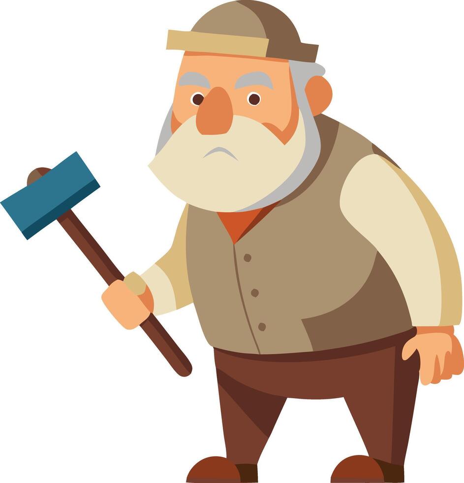 Elderly man holding a blue hammer, wearing a vest and cap, standing in a simple cartoon style illustration vector