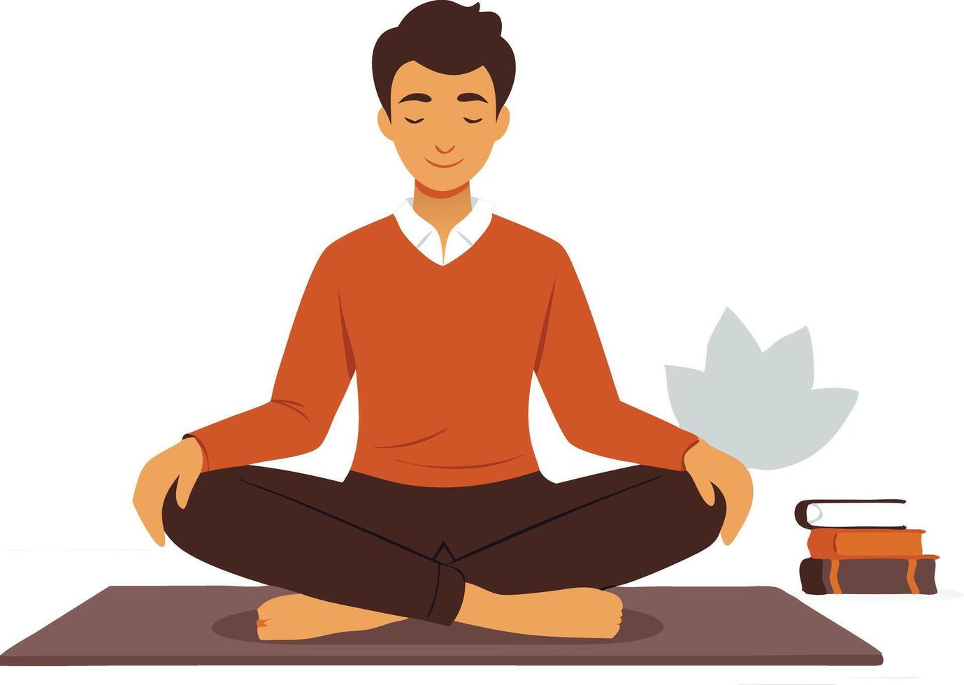 A young man practicing meditation in a peaceful surrounded by books and a lotus flower vector