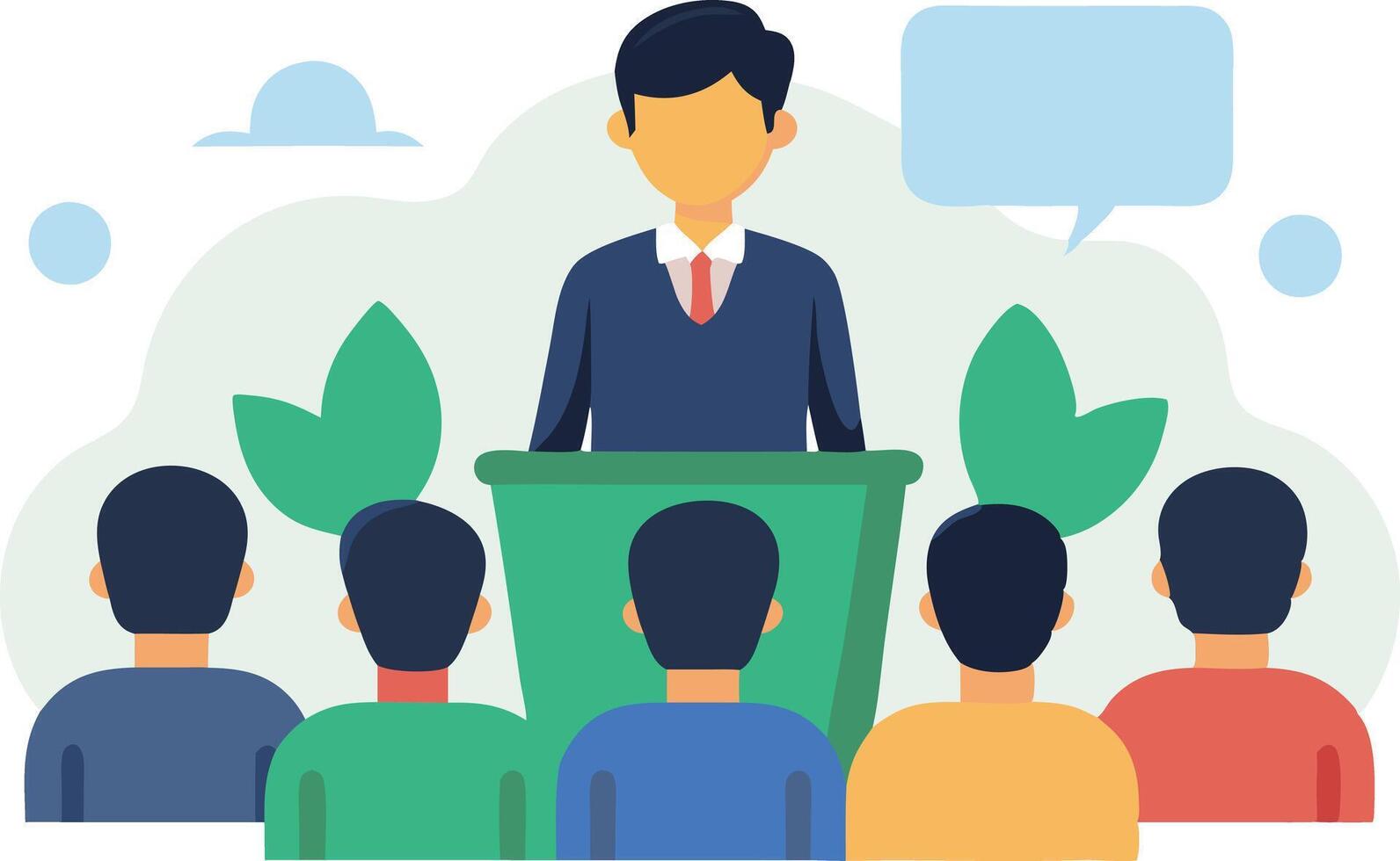 A speaker addresses an audience surrounded by plants during a community meeting on environmental awareness vector
