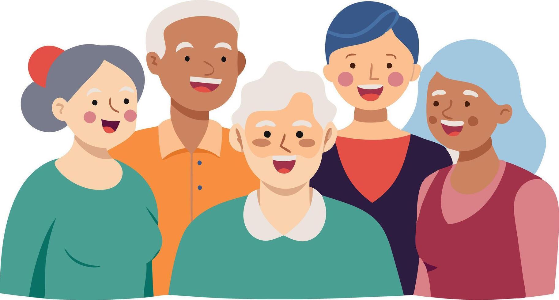 Diverse group of five happy seniors smiling together vector