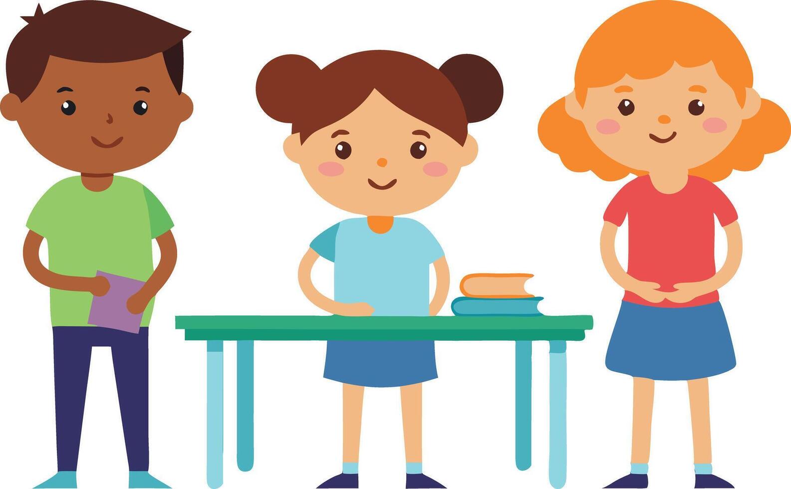 Three diverse children engaging in a collaborative learning activity at a classroom table with books vector