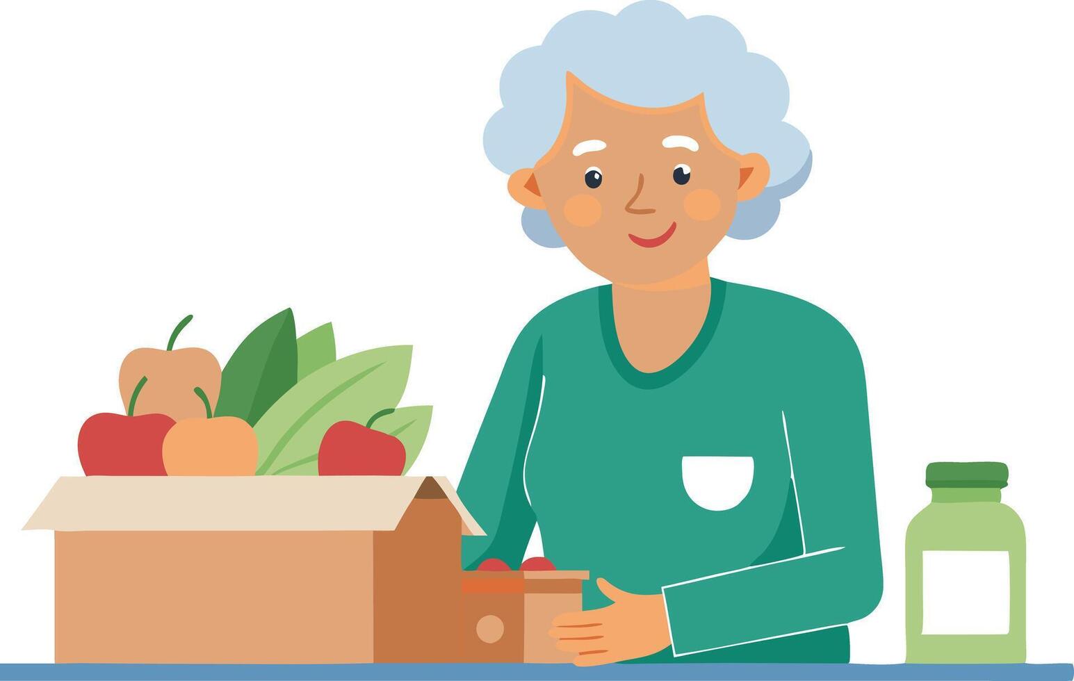 Elderly woman sorting fresh produce and groceries at home vector