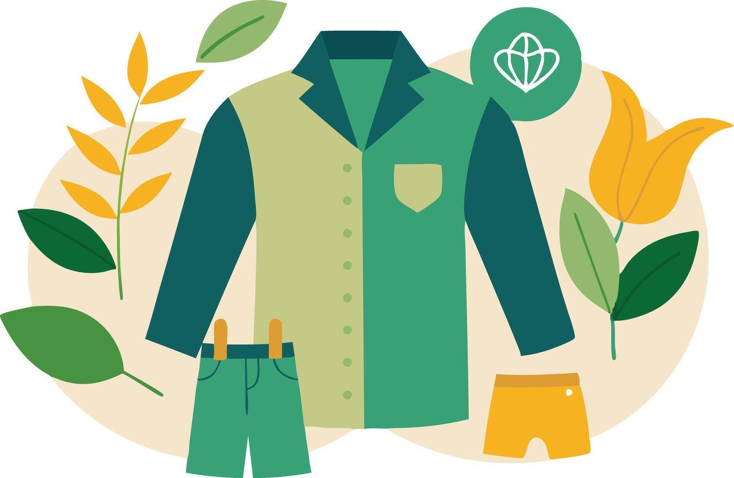 illustration of a green and yellow shirt with shorts surrounded by leaves and flowers vector