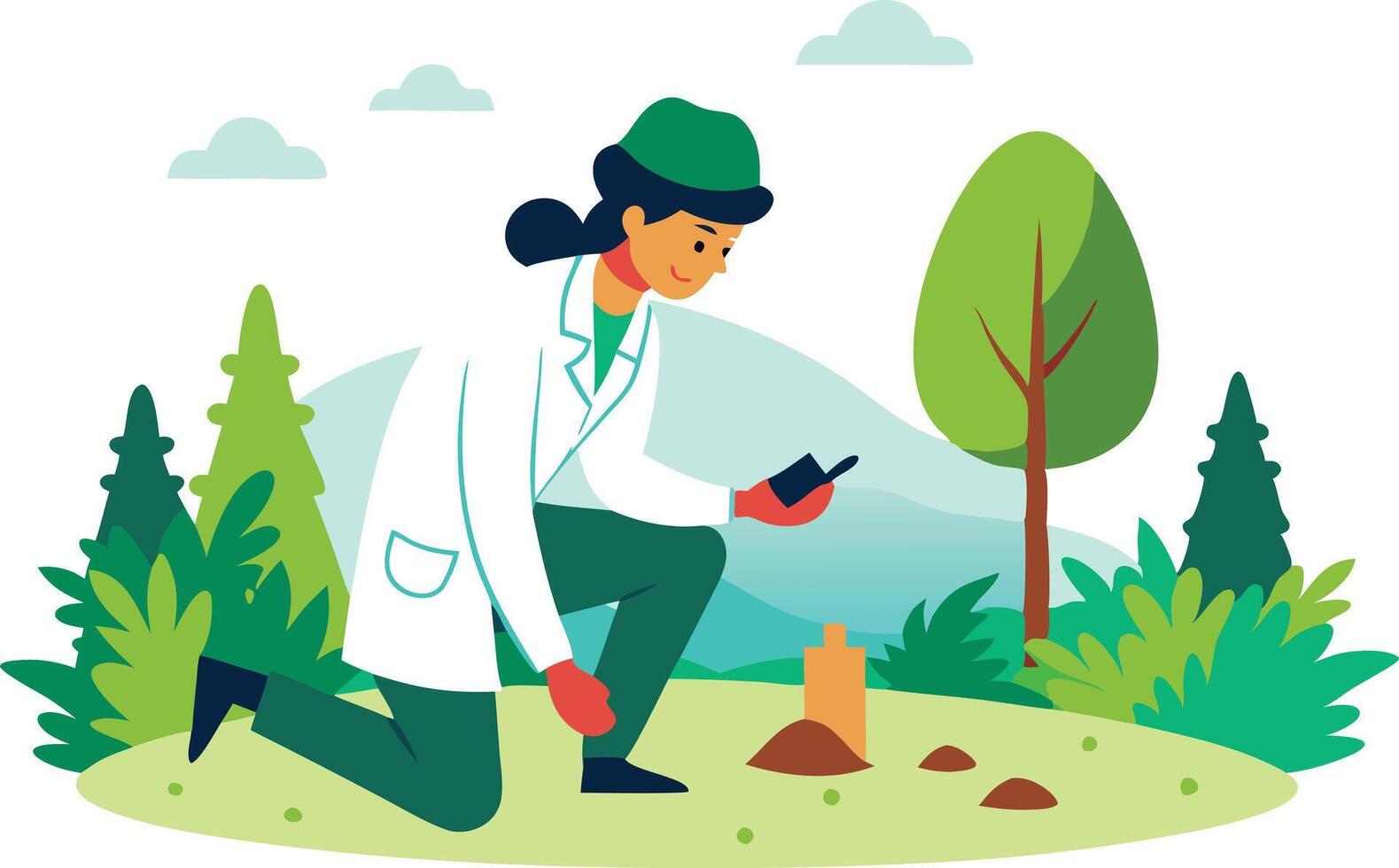 A scientist examines soil samples in a green landscape with trees and mountains vector