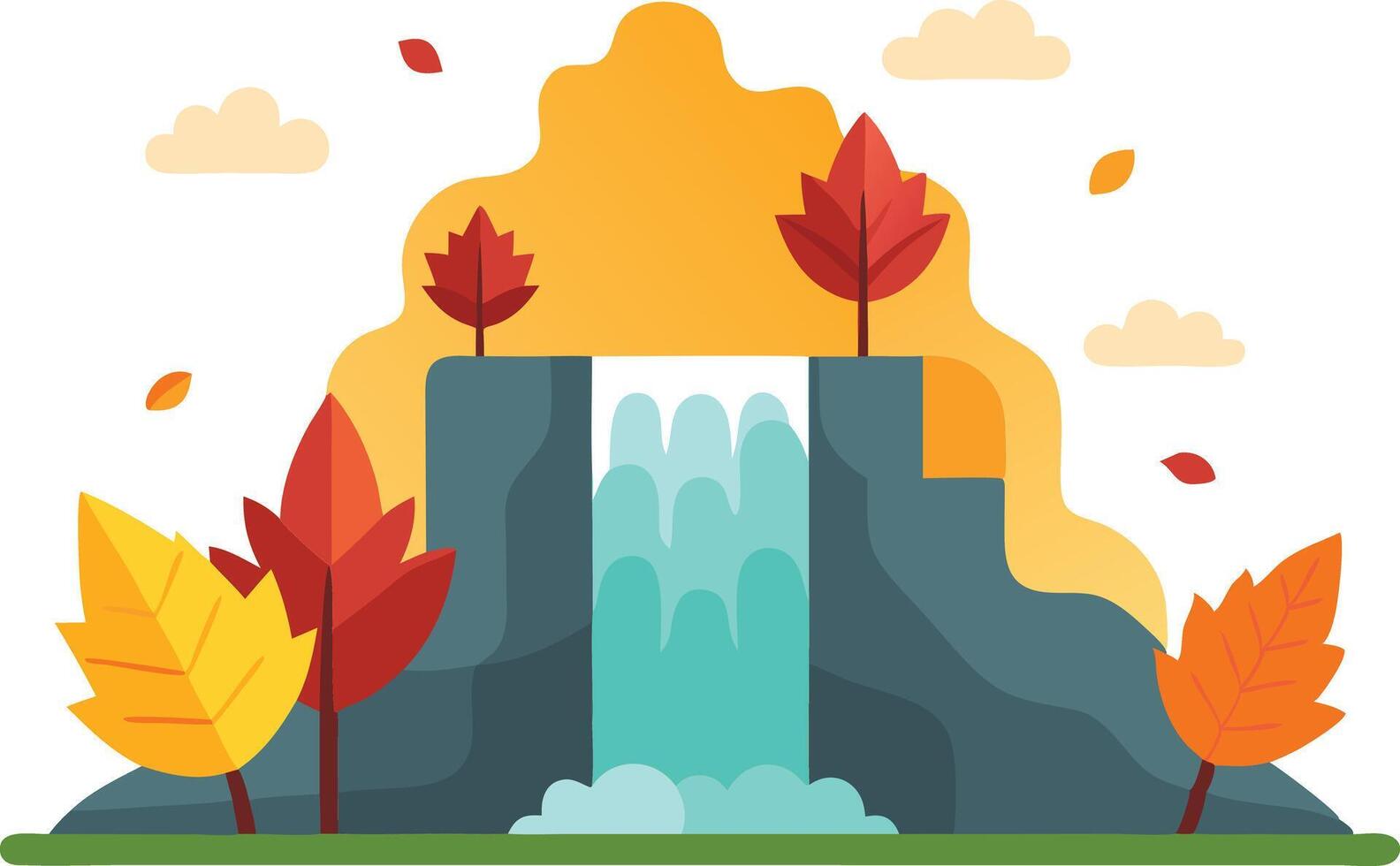 Beautiful autumn waterfall surrounded by colorful trees and mountains with gentle clouds vector