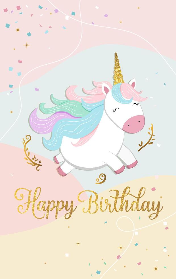 Happy birthday card with cute unicorn and gold text. Gentle unicorn Birthday template, greeting card, invitation vector