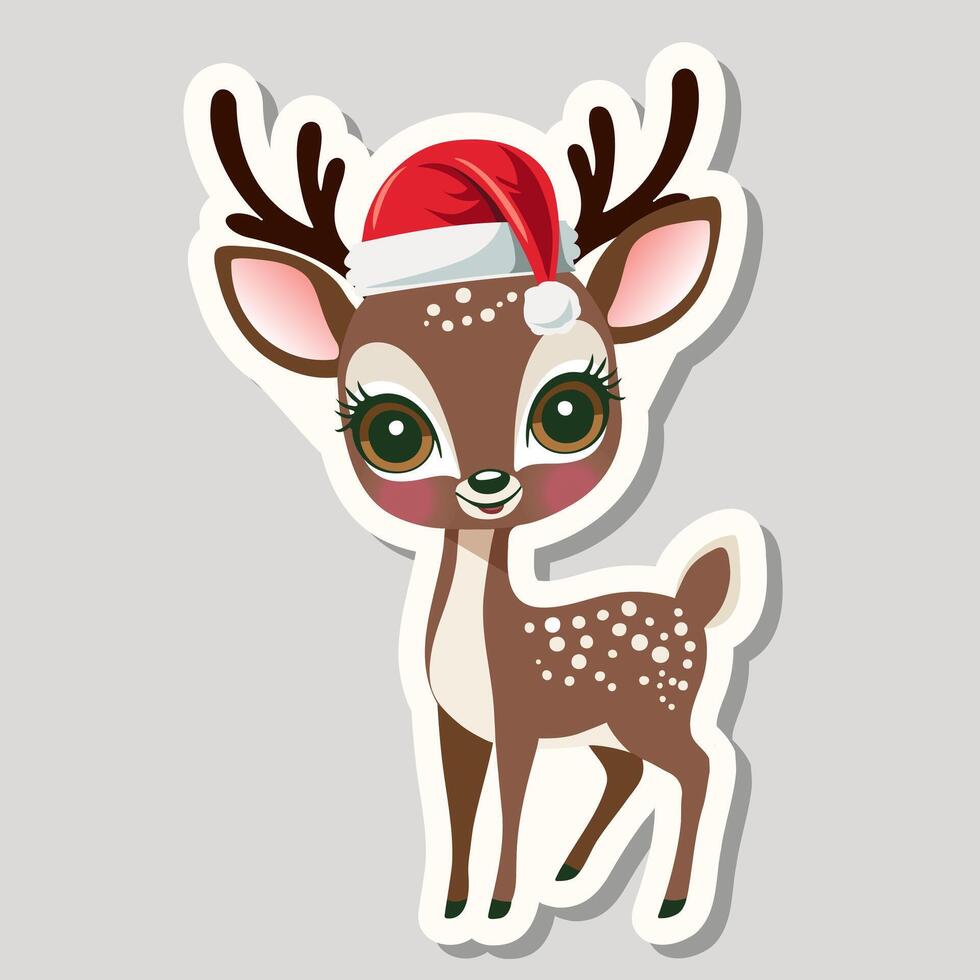 Xmas sticker reindeer in a hat. Winter character. Merry Christmas concept. vector