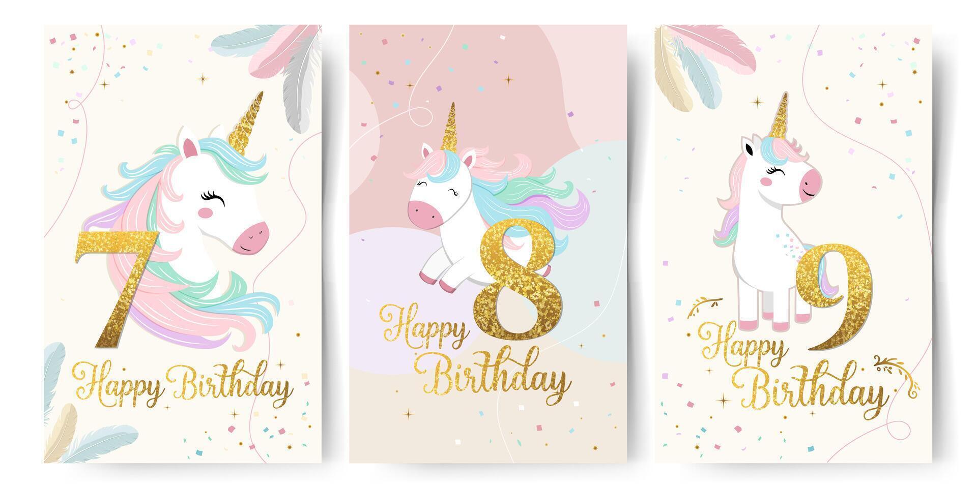 Set of Happy birthday cards with cute unicorn and golden numbers 7 8 9. Gentle templates, frames. Golden horn vector