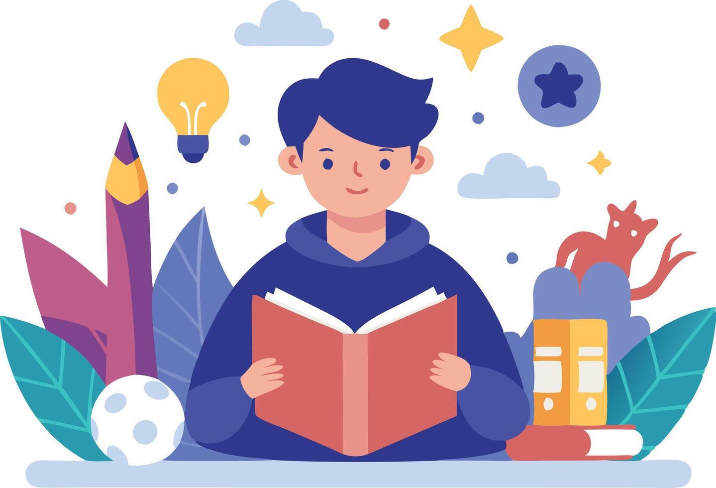 A young boy reading a book surrounded by colorful school supplies, plants, and imaginative elements in a whimsical setting vector