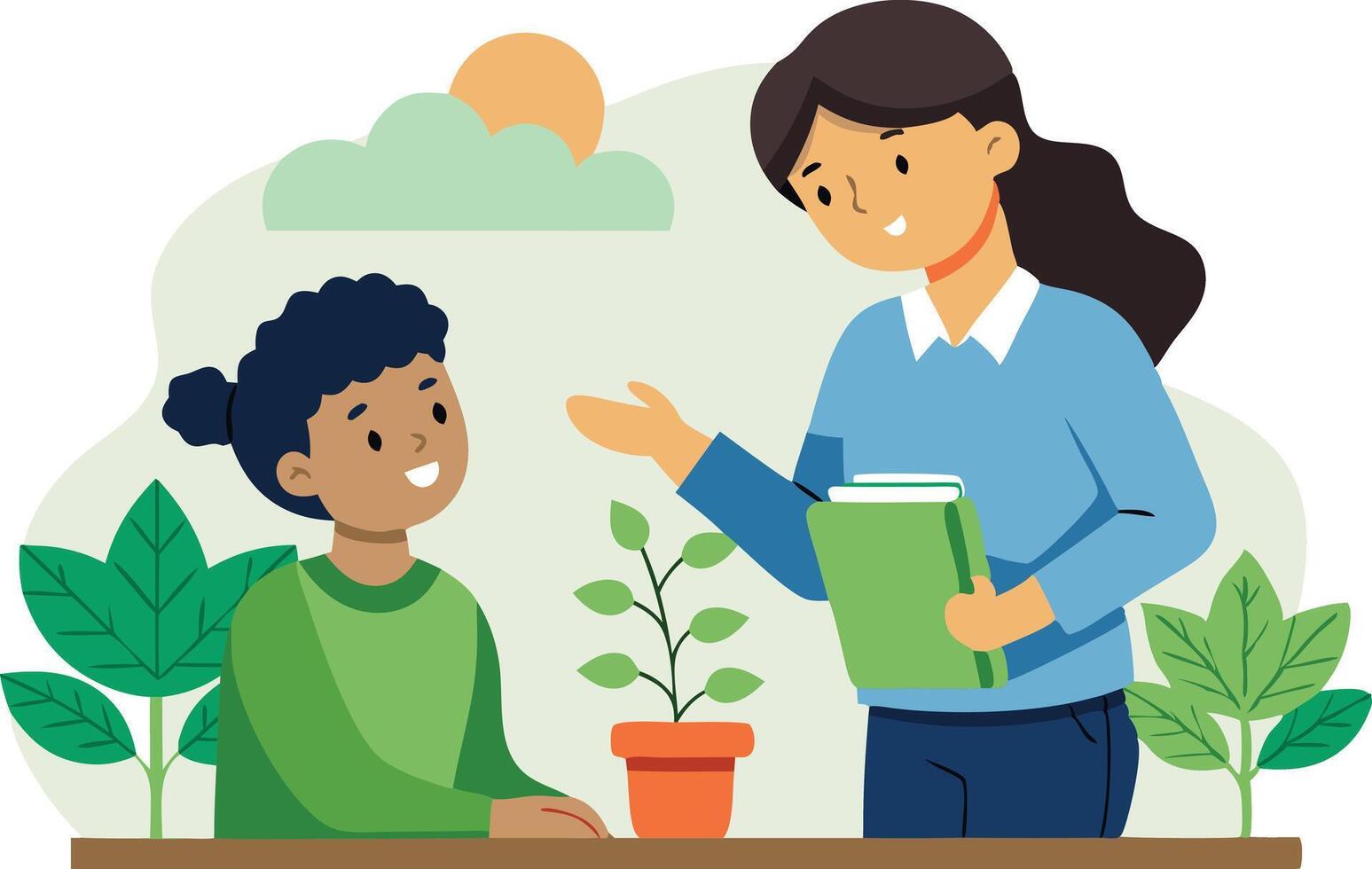 A woman instructs a child on the characteristics and care of various plants vector