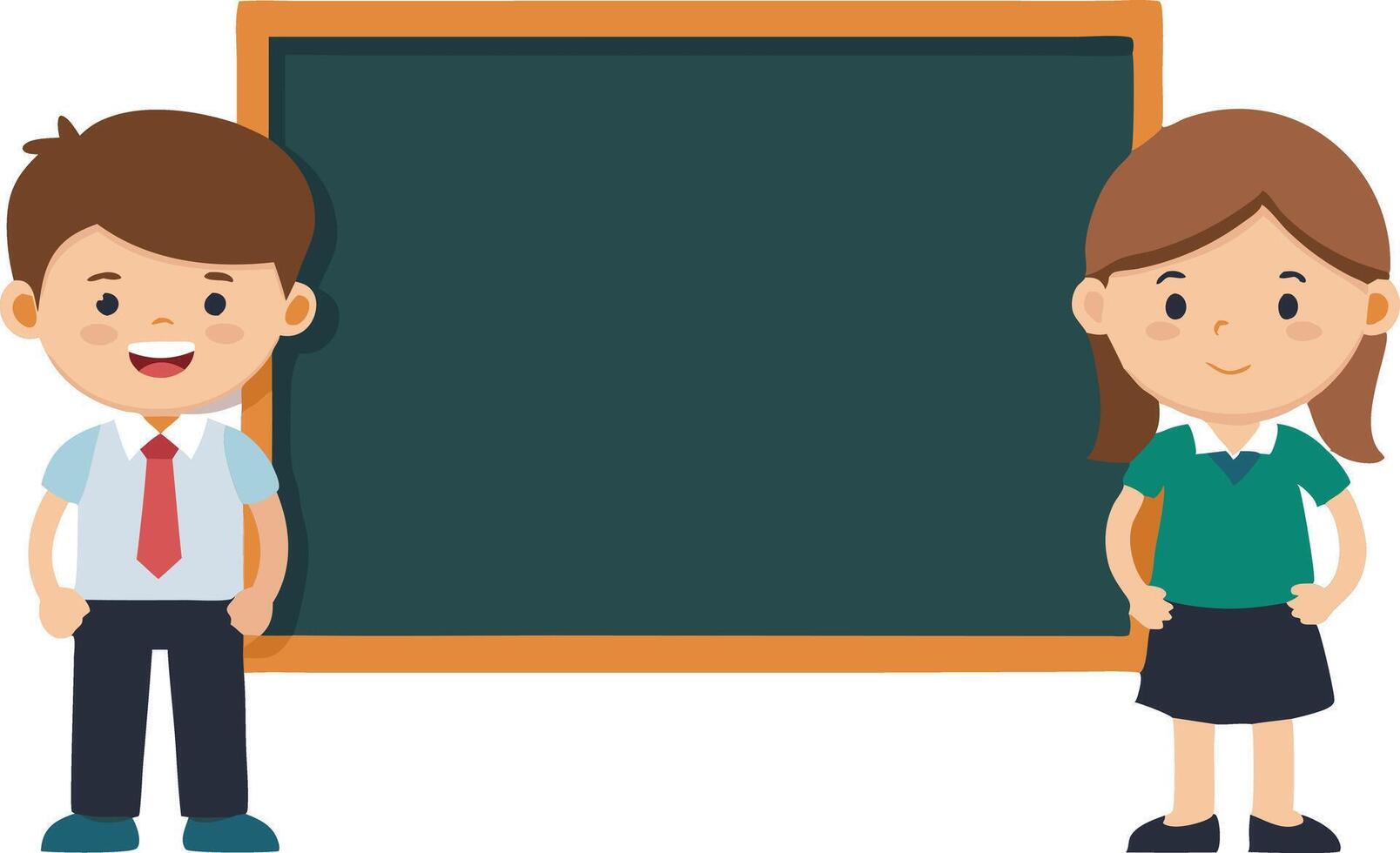 illustration of two cheerful children standing in front of a chalkboard vector