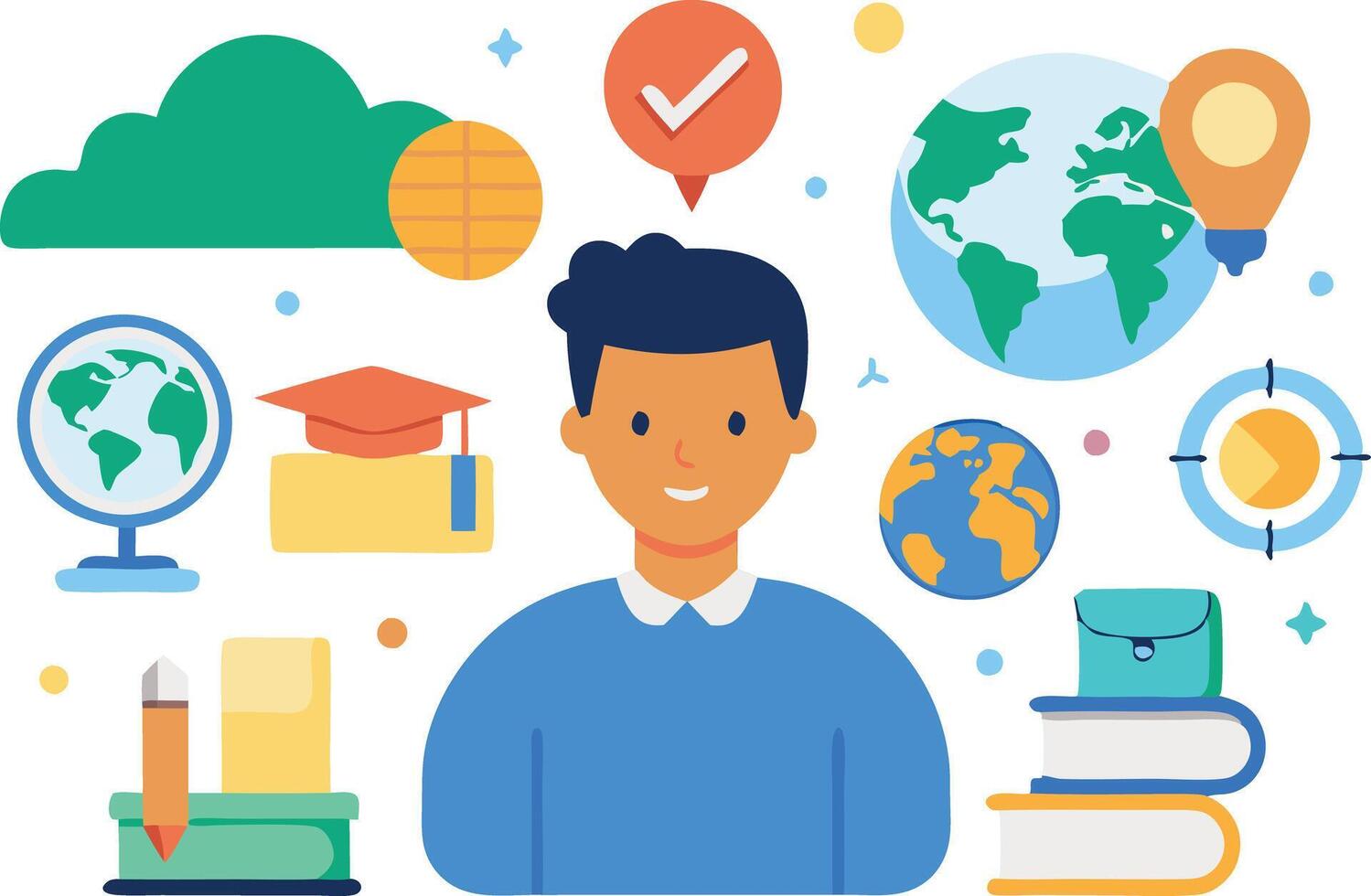 illustration of a student surrounded by educational symbols showcasing global learning vector