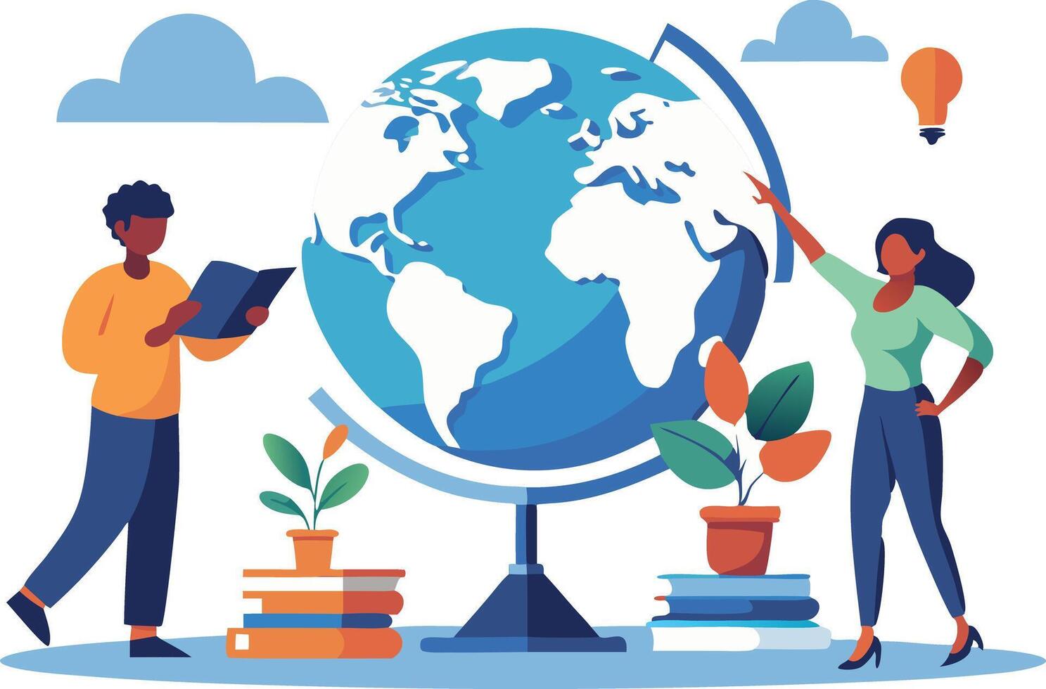 illustration of two people exploring a globe with plants and books vector