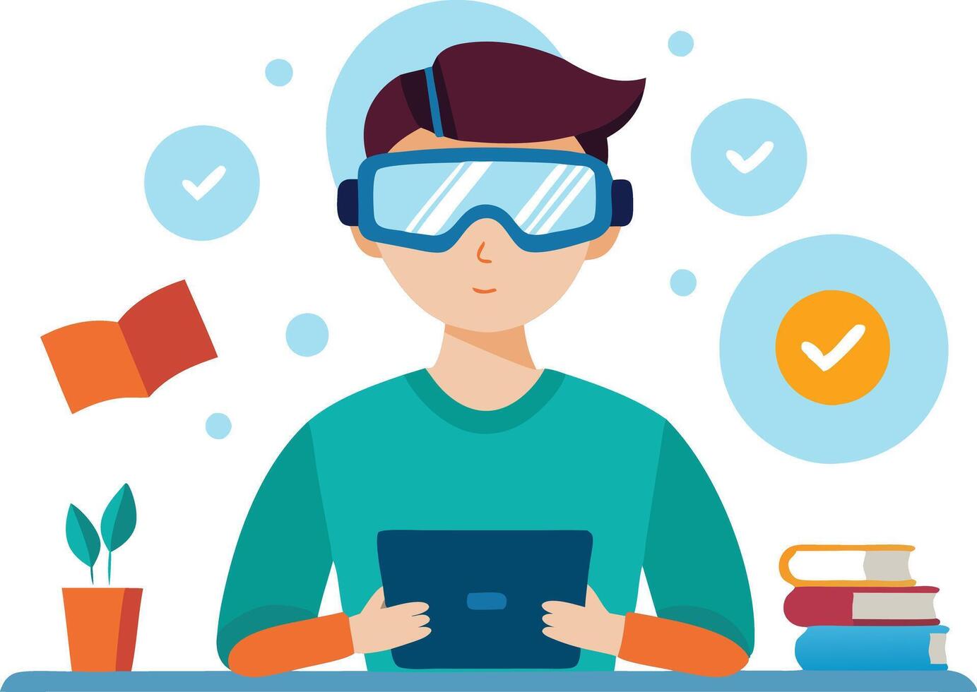 A student uses a tablet and wears virtual reality goggles in a study environment with books and a plant vector