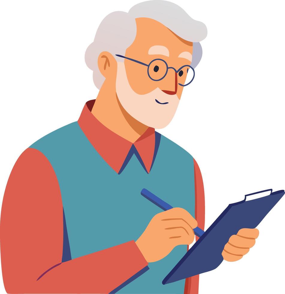 Elderly man taking notes on a clipboard while wearing glasses and a sweater vector