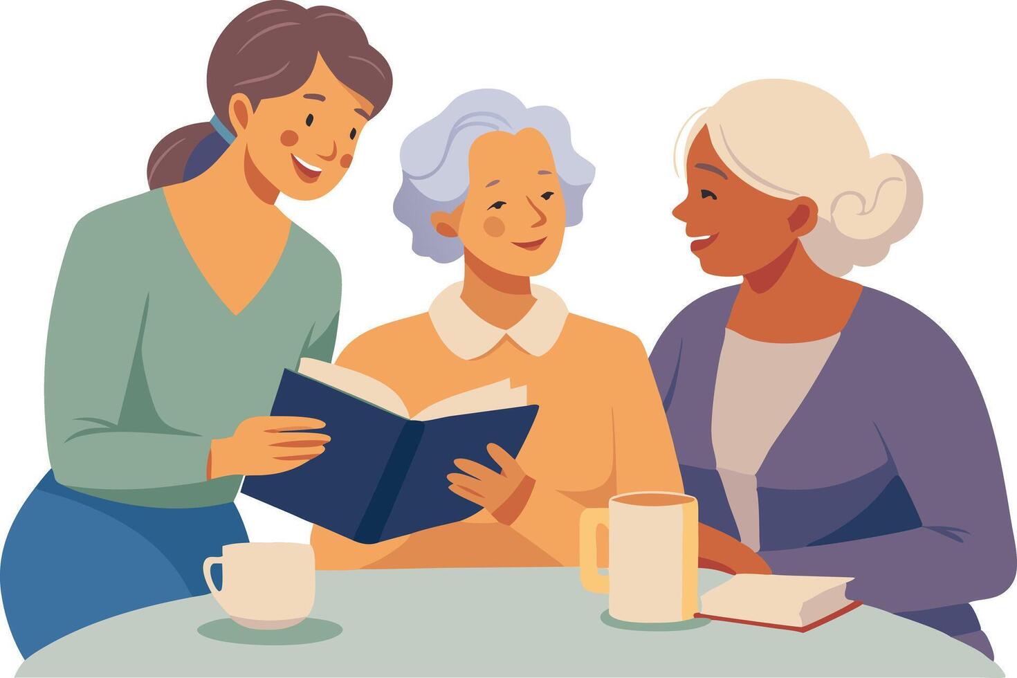 Three women sharing a joyful moment while reading together at a cozy table vector