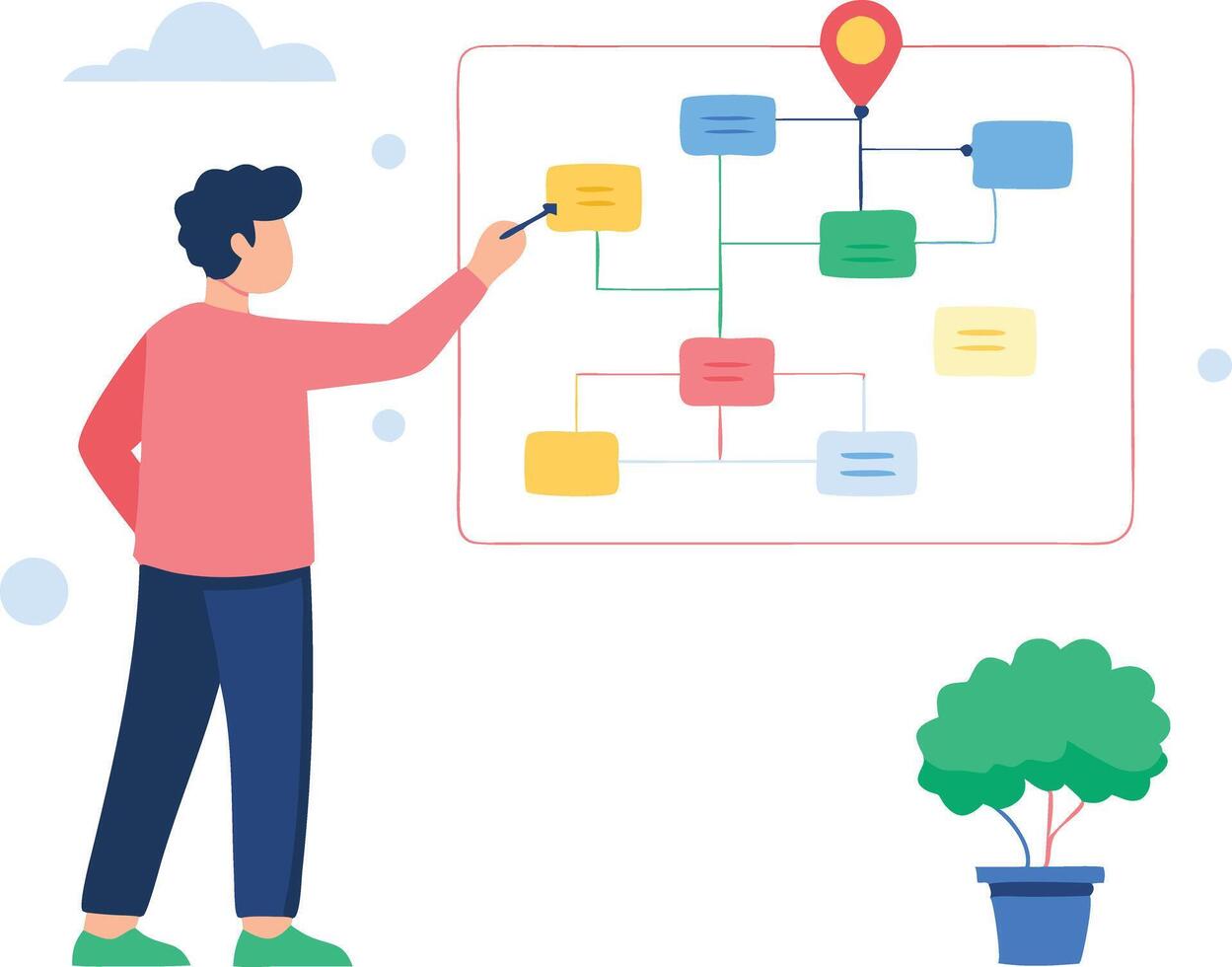 Person analyzing a flowchart with a marker near vector