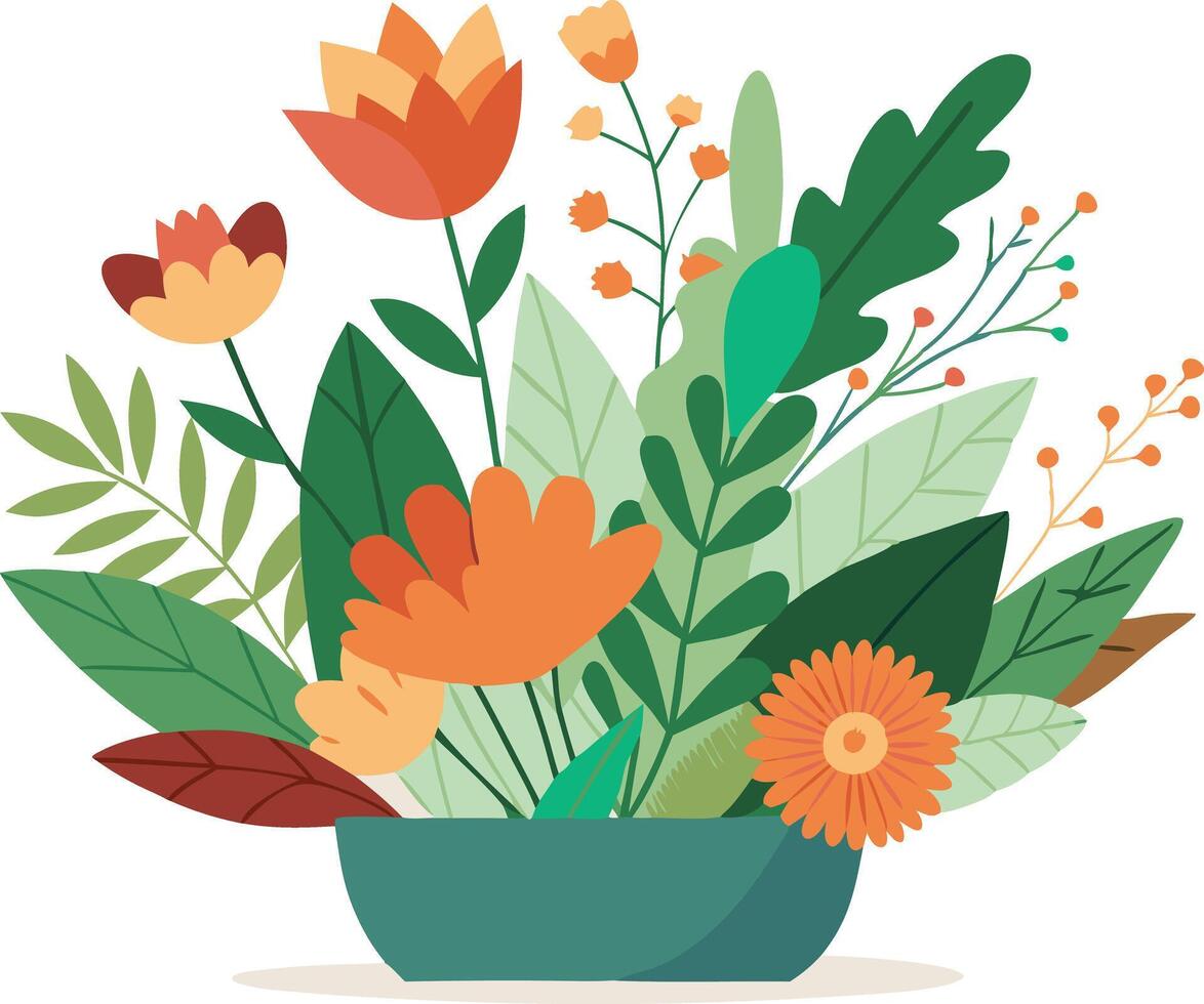 Colorful illustration of a vibrant flower bouquet with various leaves vector