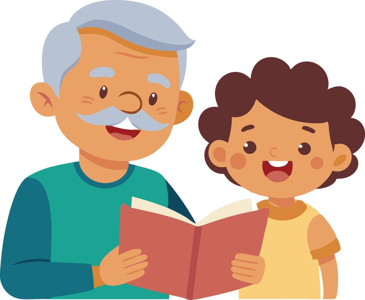Grandfather reading a storybook to his cheerful grandchild vector
