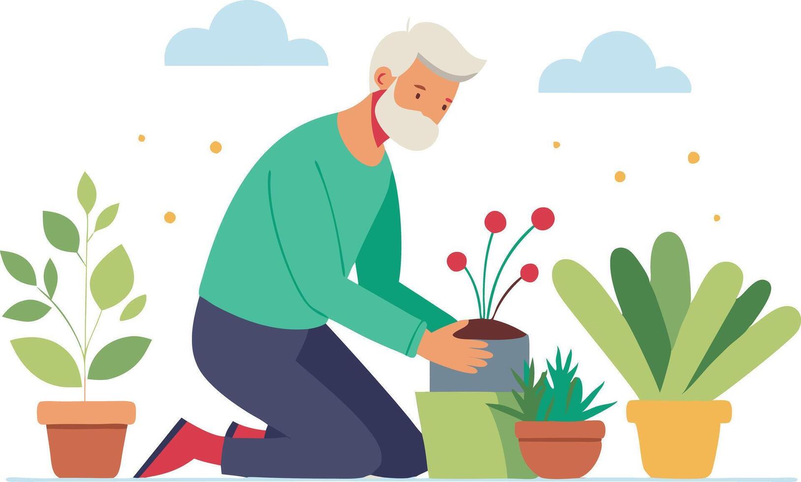 Elderly man tending to vibrant potted plants vector