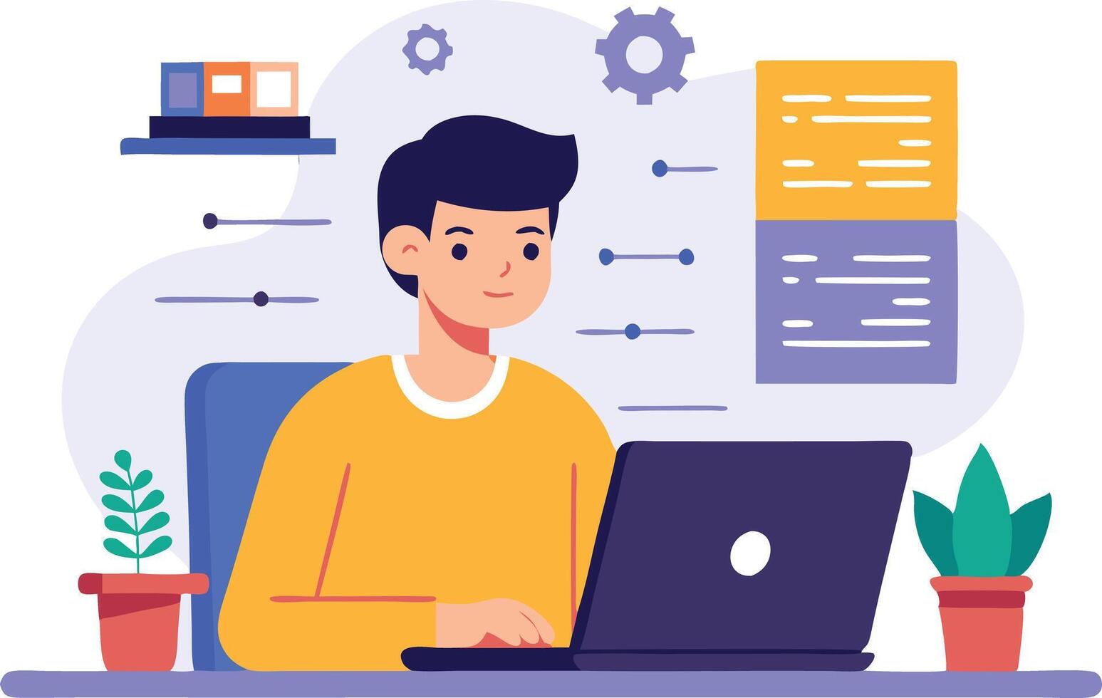 Young man working on laptop in office environment surrounded by potted plants and digital elements vector