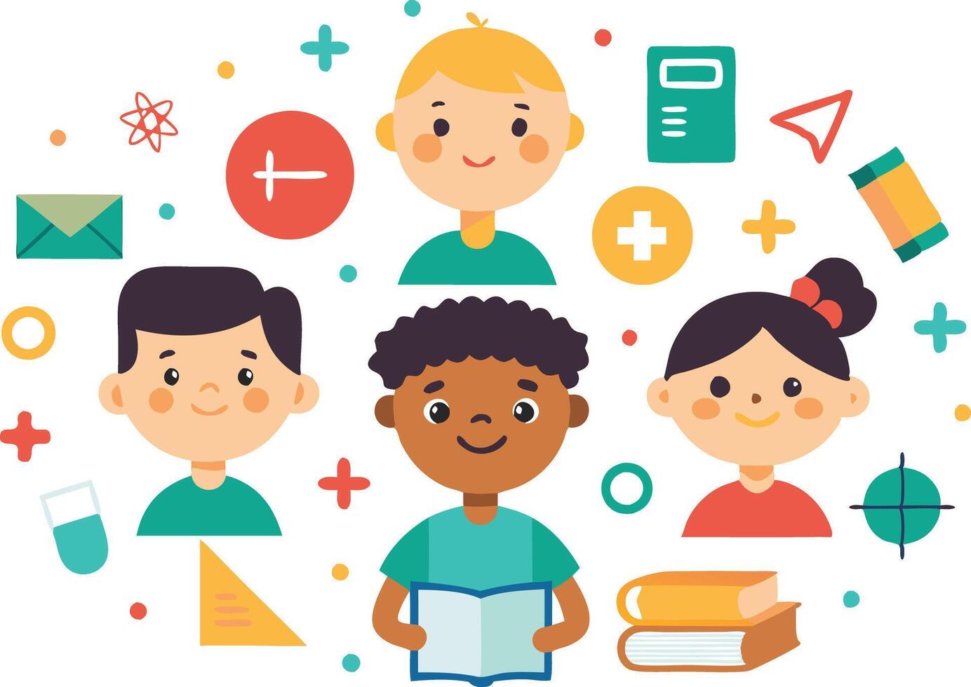 illustration of diverse children studying together with books and learning tools surrounded by educational icons vector