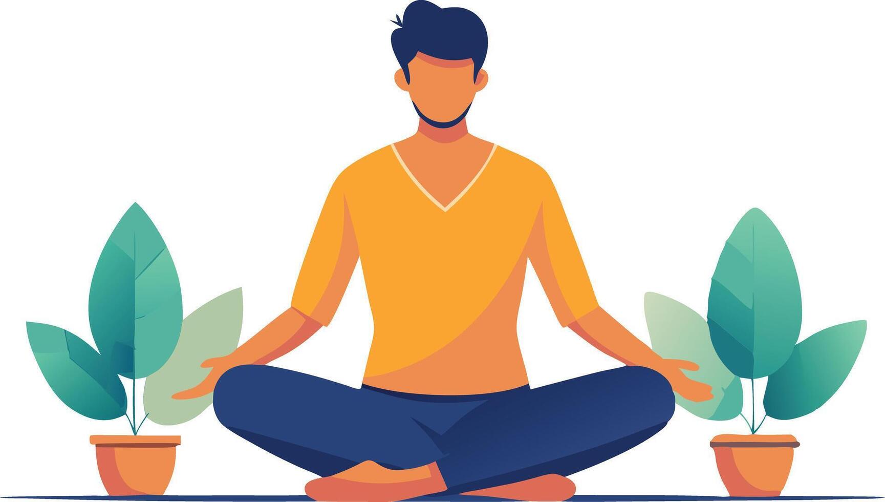 A man meditating peacefully between two potted plant vector