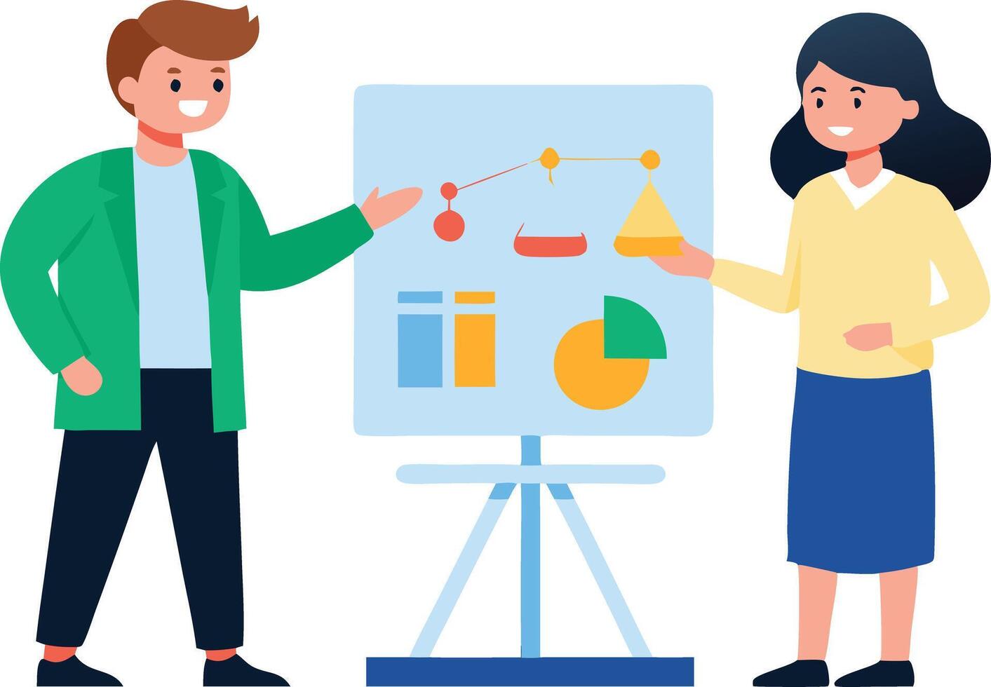 Two professionals presenting a business strategy with charts and graphs at a meeting vector