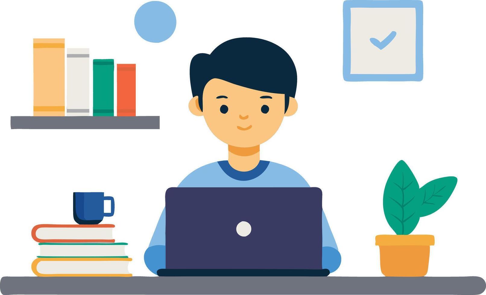 A young man works on a laptop at a tidy desk with books, a plant, and a coffee cup vector