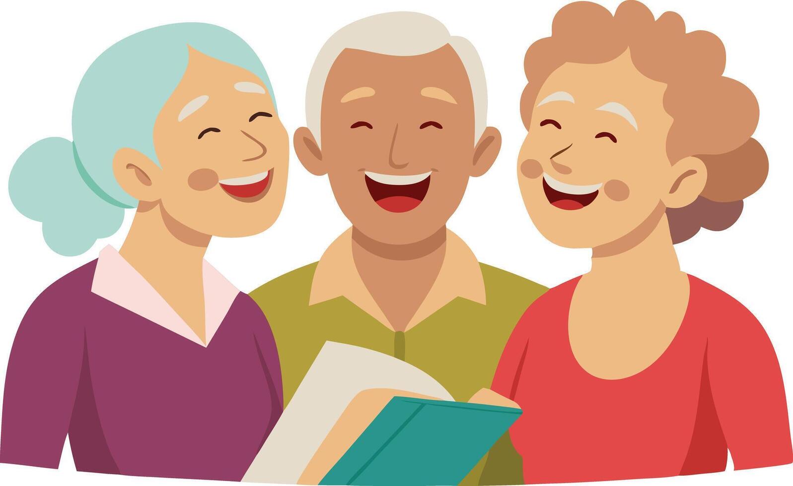 Three elderly friends joyfully reading together vector