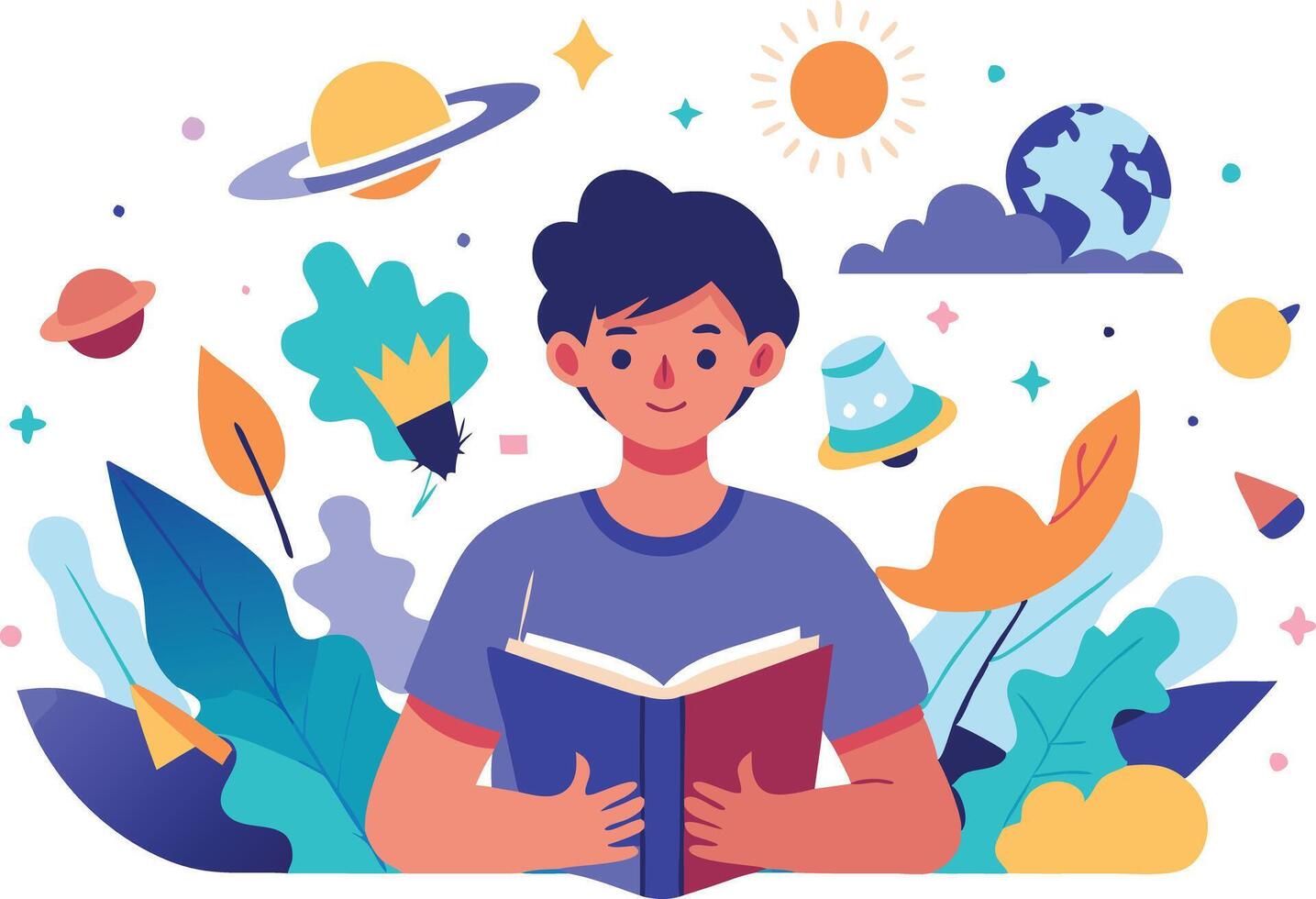 A young boy reading a book surrounded by colorful planets and nature elements in a whimsical illustration vector