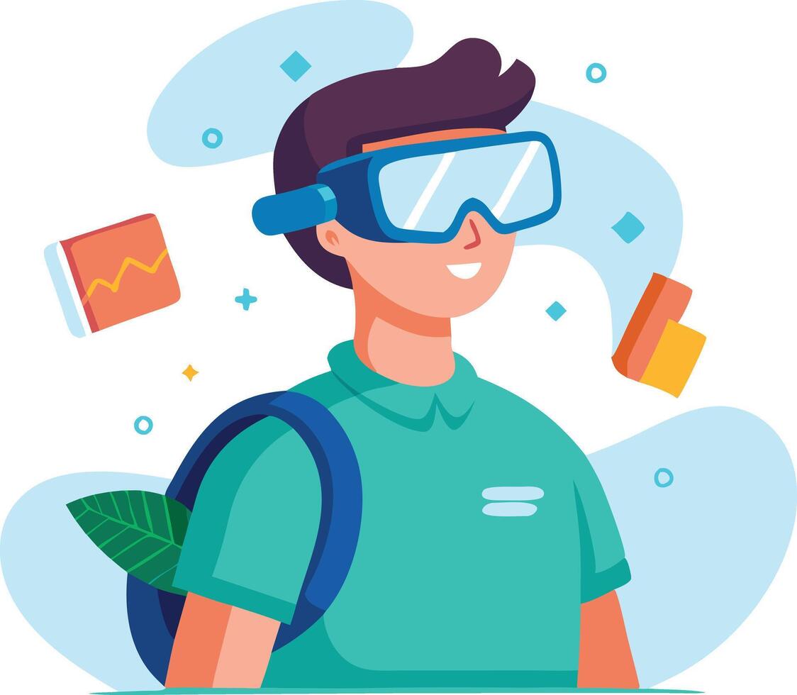 A young person wearing virtual reality goggles explores technology with books. vector