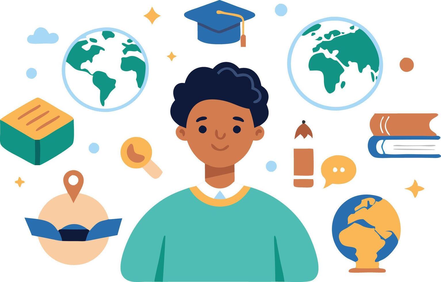 A young student surrounded by educational symbols such as globes, books, and graduation cap vector